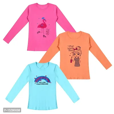 Ayvina 100% Breathable Cotton Girls Full Sleeve T-Shirt | Girls Full Sleeve Printed T-Shirt Combo - Casual Long Sleeve Tees, Regular Fit Round Neck Tops for Girls Pack of 3