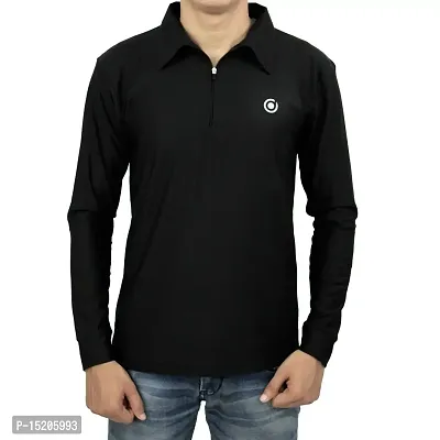 Ayvina Polo Neck Full Sleeve Cotton Solid Regular Fit T Shirt for Men|Men's Collar Neck Full Sleeve Cotton Blend T-Shirt Size S Color Black
