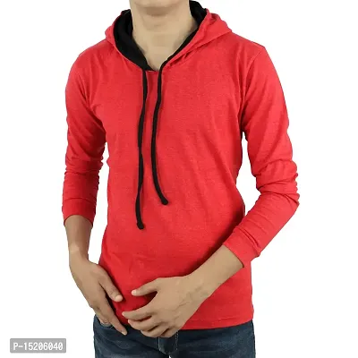 Ayvina Men's Cotton Full Sleeves Hooded T-Shirt Sweatshirt Red