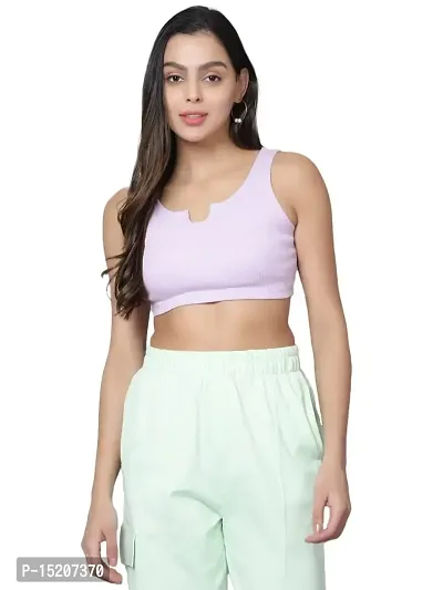 UNFLD Women?s Solid Round Neck Ribbed Crop Top | U- Notch, Ribbed Knit, Sleeveless  Fitted Crop Top for Summer Casual/Party/Sportswear -Lavender-thumb0