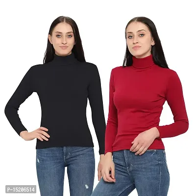 Ayvina Women's Cotton High Neck Slim Fit Top|Stylish Long Sleeve Turtle Neck Cotton Tshirt for Women