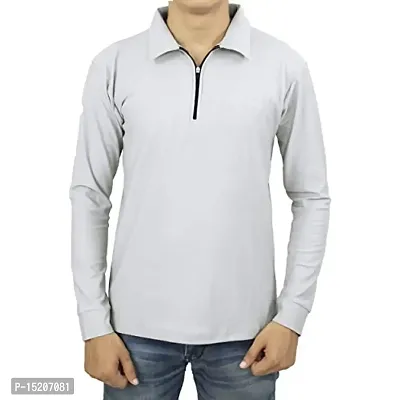 Ayvina Polo Neck Full Sleeve Cotton Solid Regular Fit T Shirt for Men|Men's Collar Neck Full Sleeve Cotton Blend T-Shirt Size S Color Grey