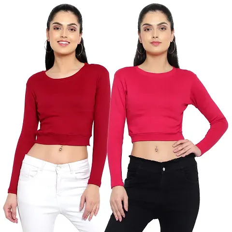 Ayvina Women's/Girls Super Soft Round Neck Full Sleeves Crop Top | Women's Cotton Crop Top T-Shirt with Long Sleeves Pack of 2