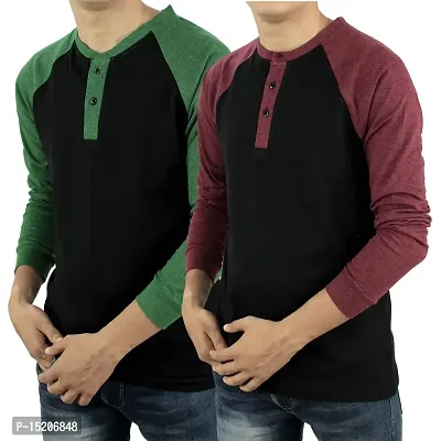 Ayvina Regular fit Solid Men's Henley Neck Full Sleeve Cotton Blend T Shirts Pack of 2