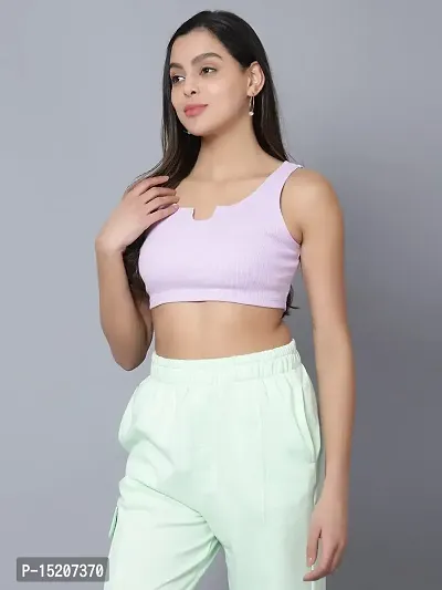 UNFLD Women?s Solid Round Neck Ribbed Crop Top | U- Notch, Ribbed Knit, Sleeveless  Fitted Crop Top for Summer Casual/Party/Sportswear -Lavender-thumb5