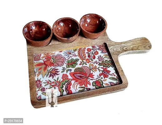 Sara Home Mango Wood Serving Platter with 3 Wood Bowl-thumb0