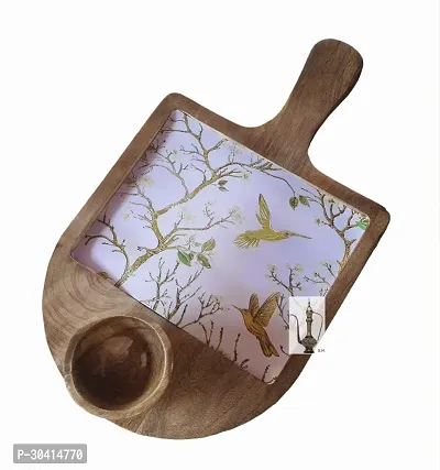 Trendy Wood Serving Platter Tray Printed Enamel with Handle with 1 Wood Bowl