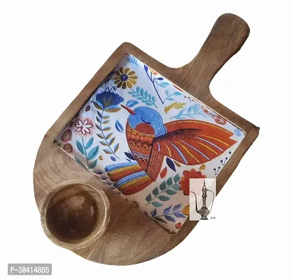 Trendy Wood Serving Platter Tray Printed Enamel with Handle with 1 Wood Bowl