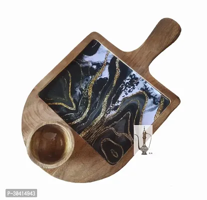 Trendy Wood Serving Platter Tray Printed Enamel with Handle with 1 Wood Bowl