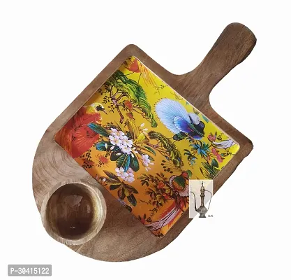 Trendy Wood Serving Platter Tray Printed Enamel with Handle with 1 Wood Bowl