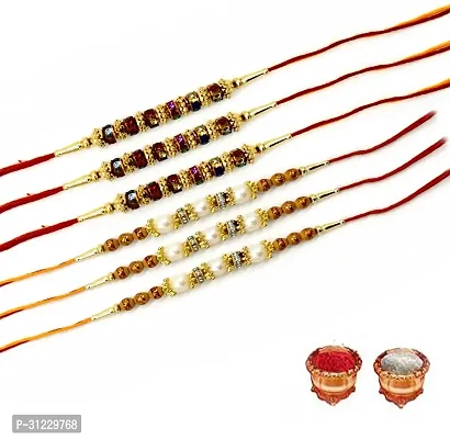 Designer Rakhi Set Pack of 6 Multicolor Designer Rakhi with Roli and Chawal