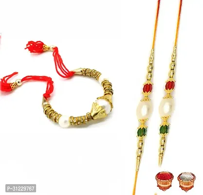 Designer Rakhi Set Pack of 3 Multicolor Designer Bhaiya Bhabhi Rakhi with Roli and Chawal