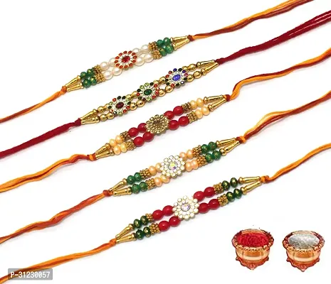 Designer Rakhi Set Pack of 5 Multicolor Designer Rakhi with Roli and Chawal