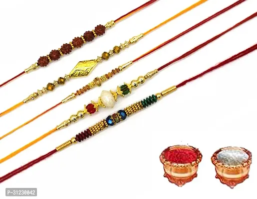 Designer Rakhi Set Pack of 5 Multicolor Designer Rakhi with Roli and Chawal