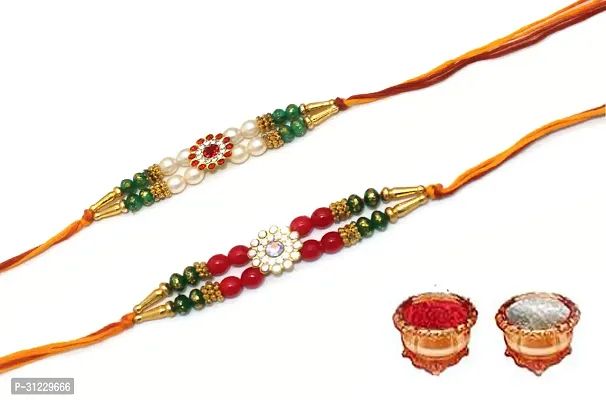 Designer Rakhi Set Pack of 2 Multicolor Designer Rakhi with Roli and Chawal