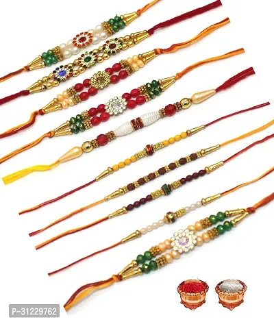 Designer Rakhi Set Pack of 10 Multicolor Designer Rakhi with Roli and Chawal