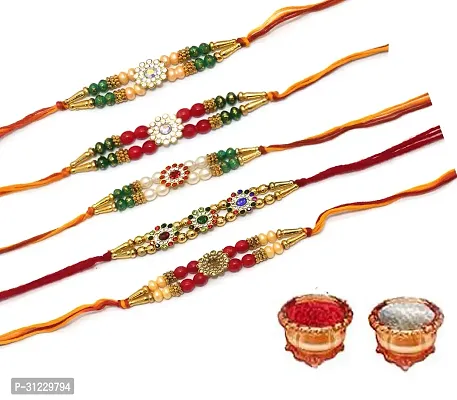 Designer Rakhi Set Pack of 5 Multicolor Designer Rakhi with Roli and Chawal-thumb0