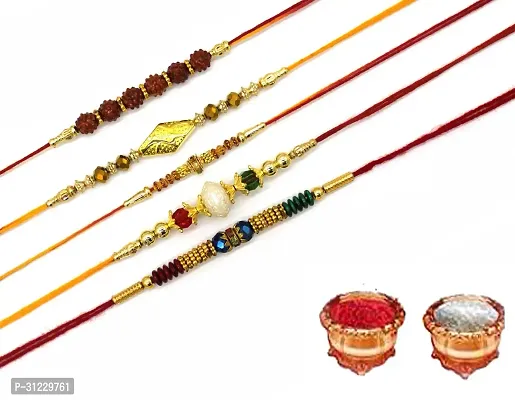 Designer Rakhi Set Pack of 5 Multicolor Designer Rakhi with Roli and Chawal