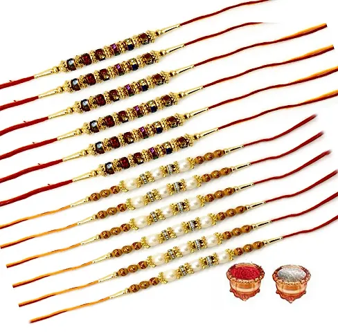 Designer Rakhi Set Pack of 12 Multicolor Designer Rakhi with Roli and Chawal