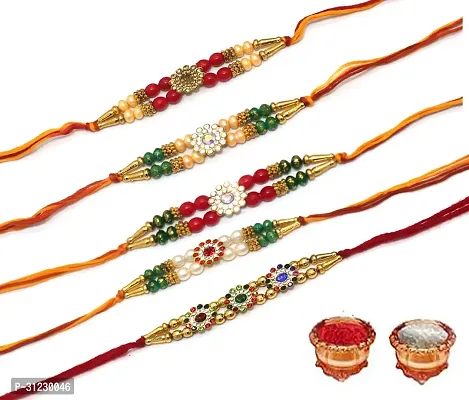 Designer Rakhi Set Pack of 5 Multicolor Designer Rakhi with Roli and Chawal