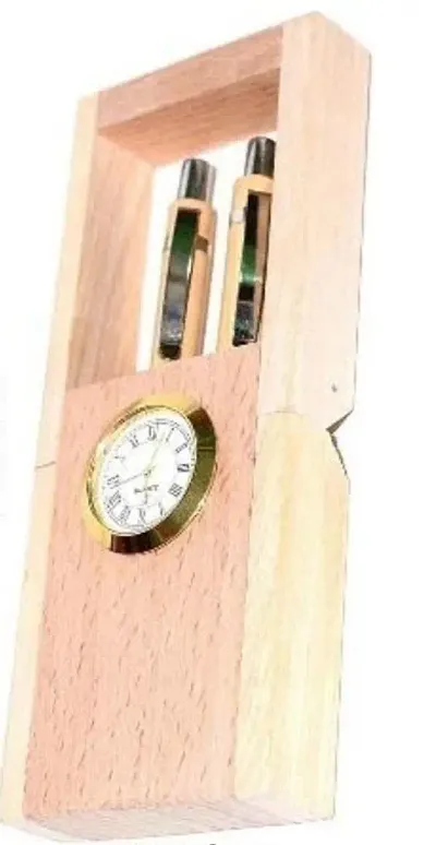 Wooden Pen Stand with Clock for Office Table Kids Study Table