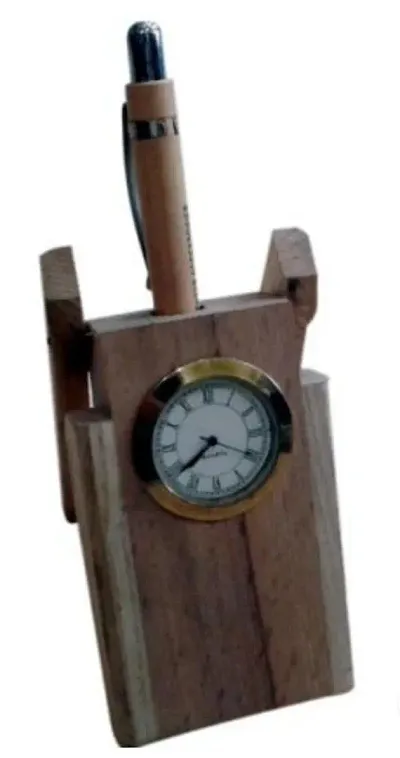 Wooden Pen Stand with Clock for Office Table Kids Study Table