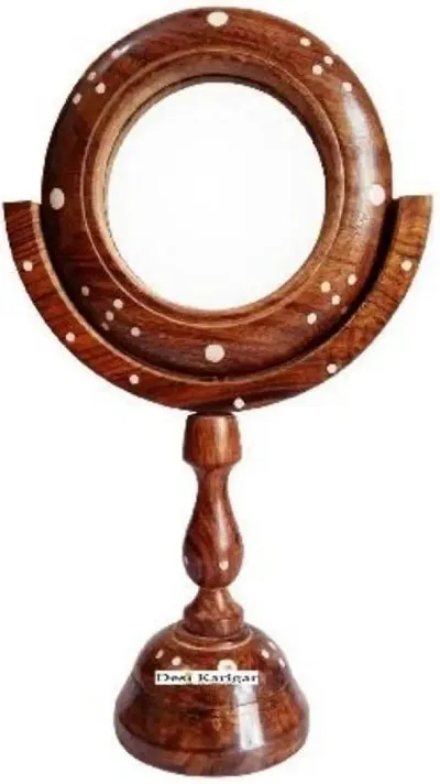 Delux Wood Carver Round Shape handcraved Wooden Antique rotateable Vanity Mirror //Tabletop Round Makeup and Shaving Mirror