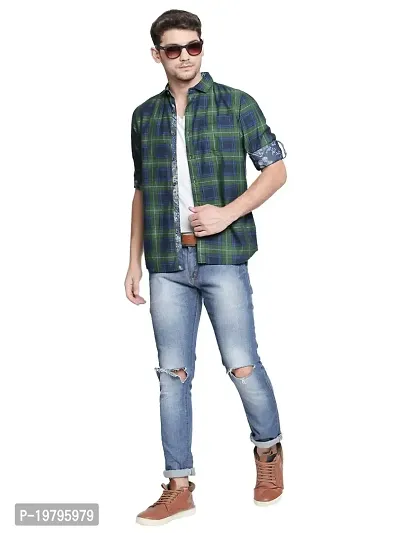 Vulcan Green Color Cotton Slim Fit Checkered Shirt for Men-thumb4