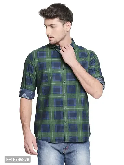 Vulcan Green Color Cotton Slim Fit Checkered Shirt for Men-thumb0