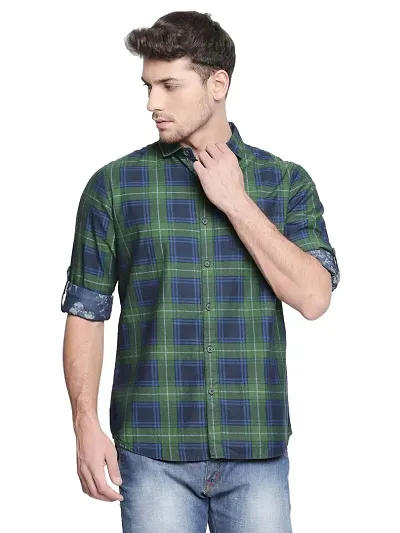 Vulcan Green Color Cotton Slim Fit Checkered Shirt for Men
