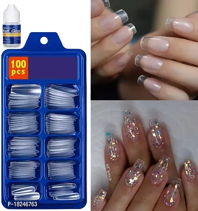 Artificial Transparent 100 Pieces Reusable Fake Nail Tips With Nail Glue