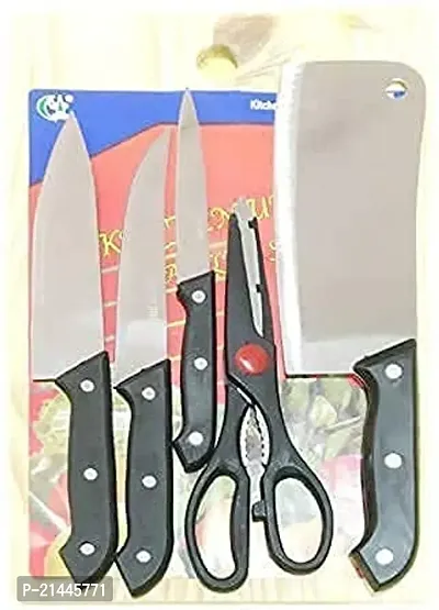 Stainless Steel Kitchen 5-Pcs Knife Set with Wooden Chopping Board  Scissor Vegetable  Meat Cutting-thumb3