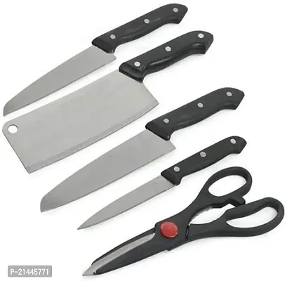 Stainless Steel Kitchen 5-Pcs Knife Set with Wooden Chopping Board  Scissor Vegetable  Meat Cutting-thumb4
