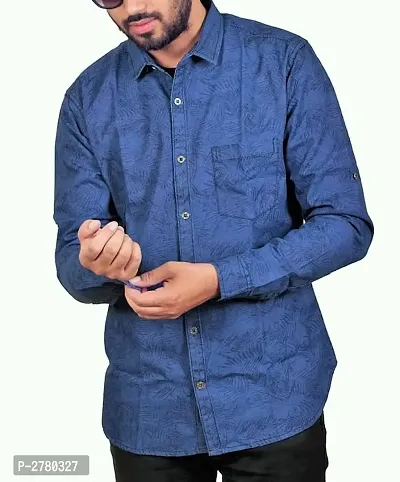 Blue Printed Denim Slim Fit Casual Shirt for Men's-thumb0