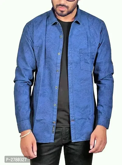 Blue Printed Denim Slim Fit Casual Shirt for Men's-thumb3