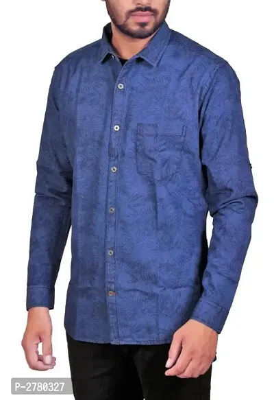 Blue Printed Denim Slim Fit Casual Shirt for Men's-thumb4