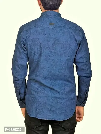 Blue Printed Denim Slim Fit Casual Shirt for Men's-thumb2