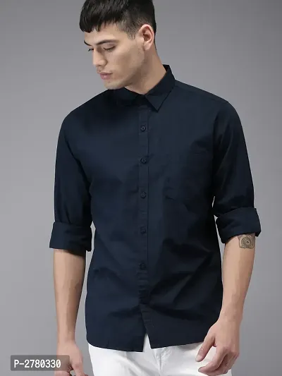 Navy Blue Solid Cotton Blend Regular Fit Casual Shirt for Men's-thumb0