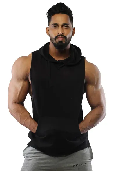 HOT BUTTON Solid Sleeveless Gym Vest Hoodie for Men - Stylish Workout Sleeveless Hooded T-Shirt