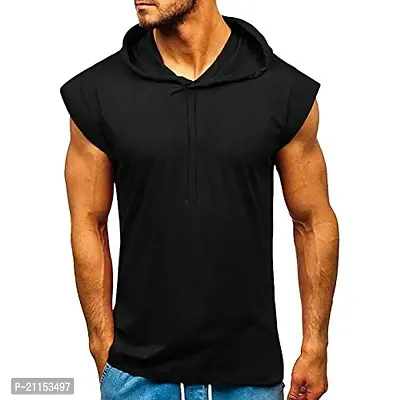 HOT BUTTON Men's Casual Off Shoulder Short Sleeve Solid Color Athletics Hooded T-Shirts - Fashion Black