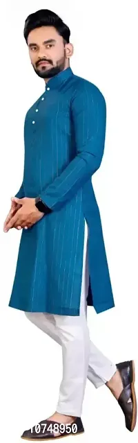 Traditional Blue Cotton Blend Printed Knee Length Kurta For Men-thumb3