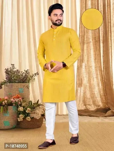 Traditional Yellow Cotton Blend Printed Knee Length Kurta For Men-thumb0