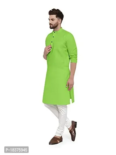 Enmozz? Parrot Green Cotton Plain Men's Ethnic Simple Kurta Only-thumb2