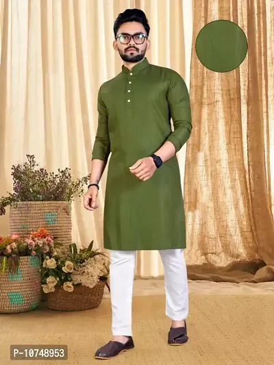 Traditional Green Cotton Blend Printed Knee Length Kurta For Men