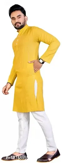 Traditional Yellow Cotton Blend Printed Knee Length Kurta For Men-thumb2