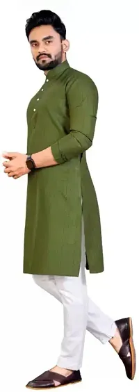 Traditional Green Cotton Blend Printed Knee Length Kurta For Men-thumb2