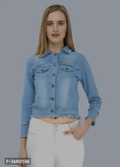 Stylish Blue Denim Solid Full Sleeve Jacket For Women-thumb0