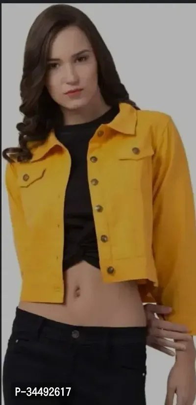 Stylish Yellow Denim Solid Full Sleeve Jacket For Women-thumb0