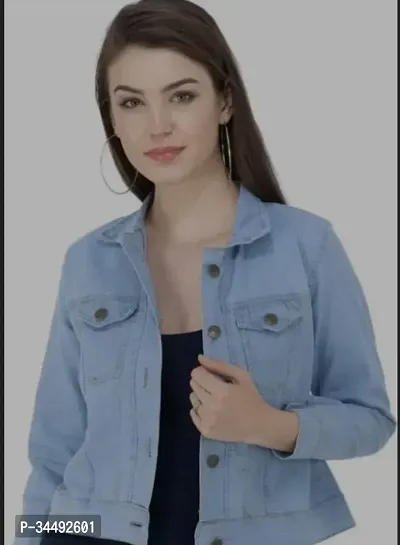 Stylish Blue Denim Solid Full Sleeve Jacket For Women-thumb0