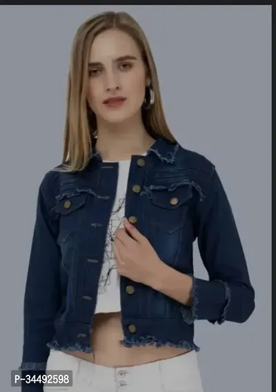 Stylish Blue Denim Solid Full Sleeve Jacket For Women-thumb0